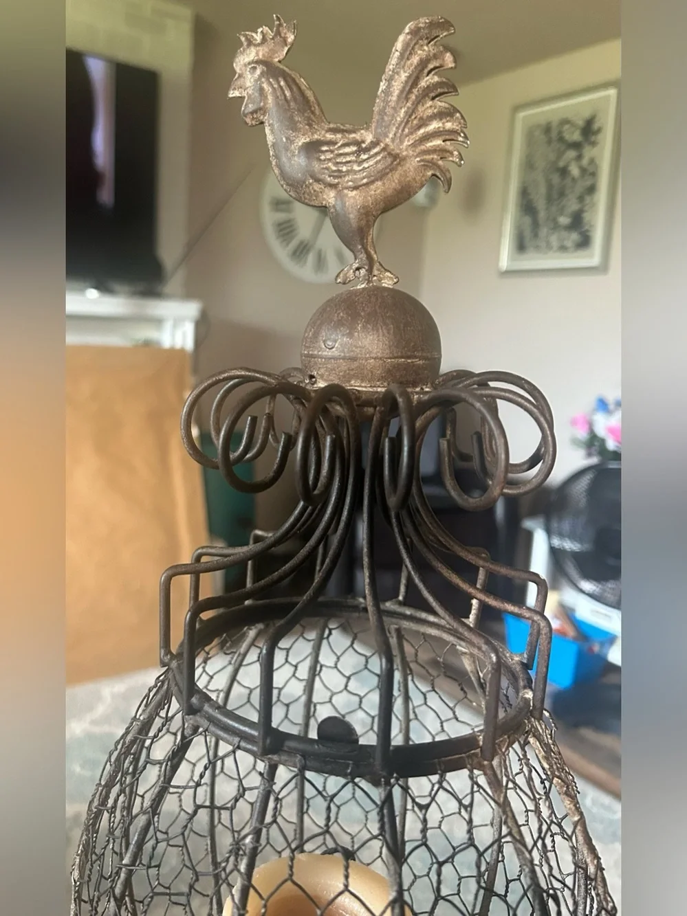 Rooster-topped wire cage candle holder distressed,metal bronze finish,farmhouse